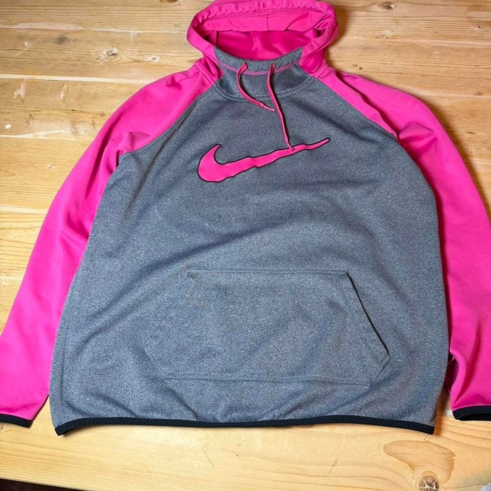Y2K Nike Therma-FIT Hoodie Womens Large Grey Pink‎ Swoosh Pullover Sweatshirt